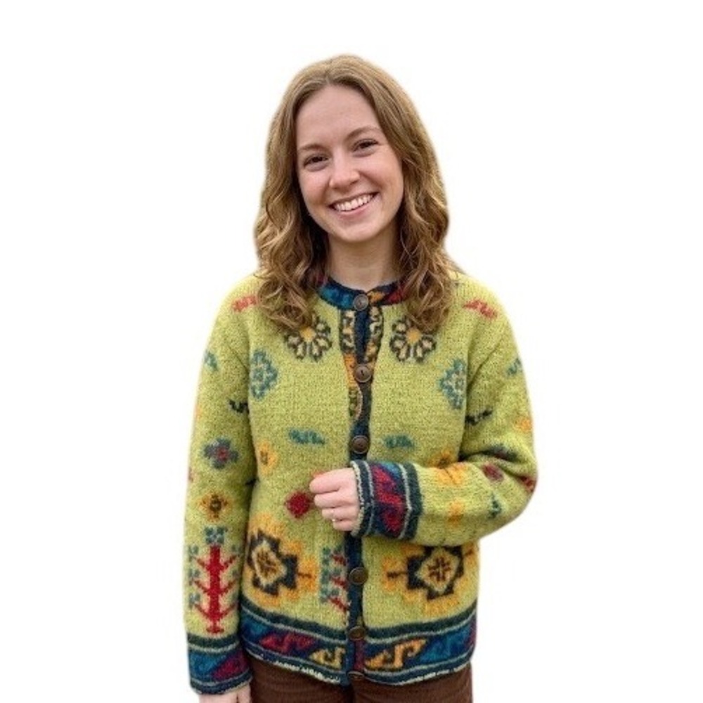 Bolder World Womens Wool Cardigan Sweater Green Southwestern Pattern Nepal Small